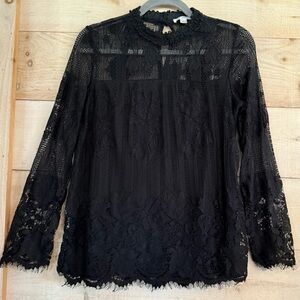 Ultra Pink Sheer Black Crocheted Lace High Neck with Long Sleeves Lined Small